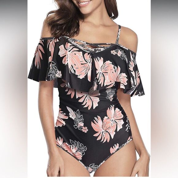 Funny Girl Floral Off-Shoulder Ruffle One-Piece Swimsuit - XL - Picture 1 of 13